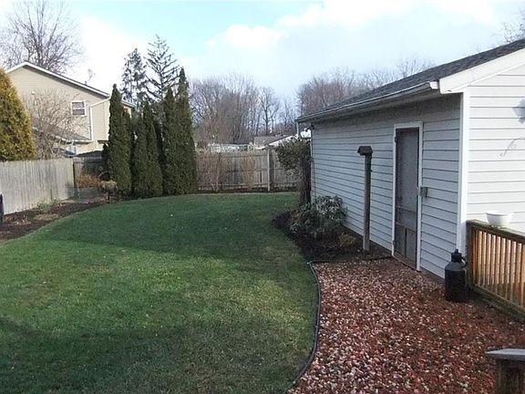 View of rear yard with beautiful landscaping.