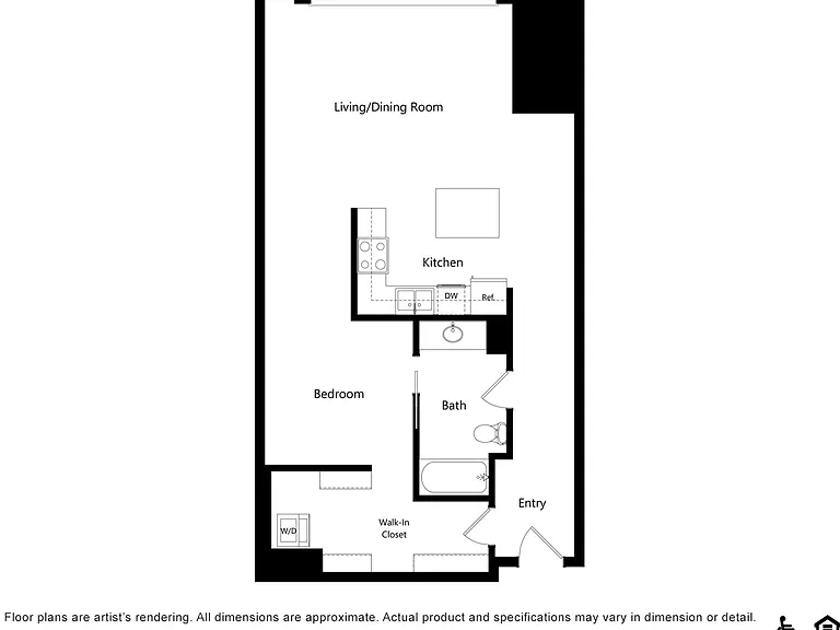 Modern apartment floor plan featuring an open-concept living and dining area, sleek kitchen, cozy bedroom, and convenient walk-in closet. Modern apartment floor plan featuring an open-concept living and dining area, sleek kitchen, cozy bedroom, and conven