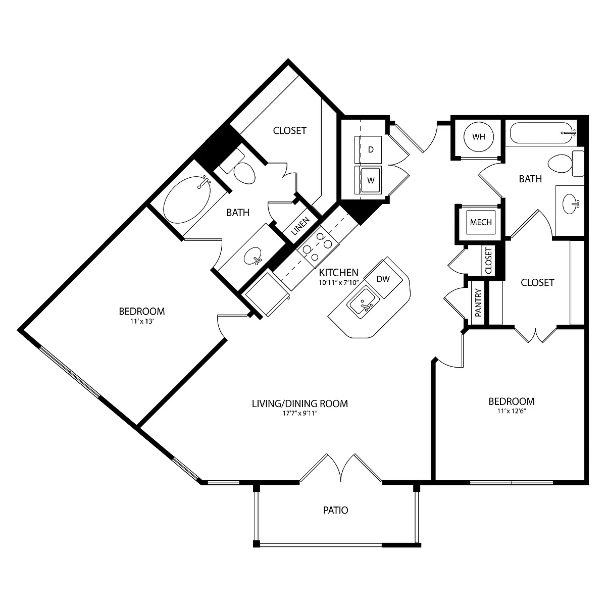 Floor plan 2 Bedroom, 2 Bath 1053 SF KC5