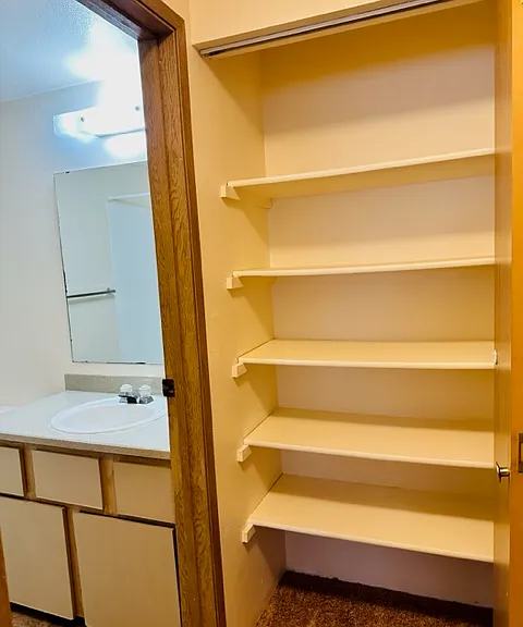 Linen closet outside bathroom (photo of unit with original finishes)