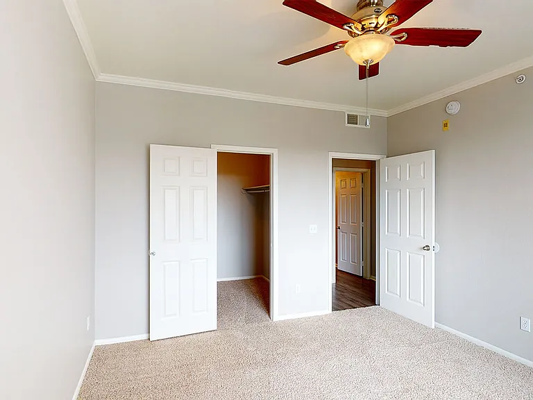 Spacious apartment bedroom with large closet and plush carpet flooring.