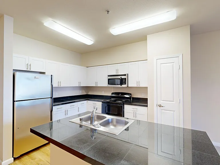 Apartment kitchen with stainless steel appliances, granite countertops, and wood-style flooring.