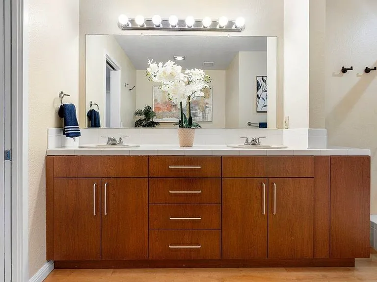 Vanity and double sinks in primary en suite bathroom