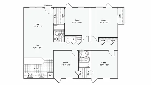 Floor plan RT106_G The Saban: 4 Bedroom 2 Bath