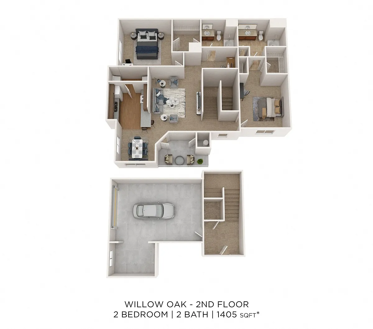 Floor plan Two Bedroom 2 Bath w/ Garage - 1,405 sqft