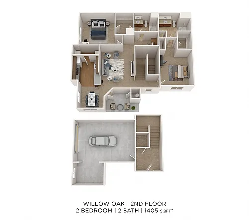 Floor plan Two Bedroom 2 Bath w/ Garage - 1,405 sqft
