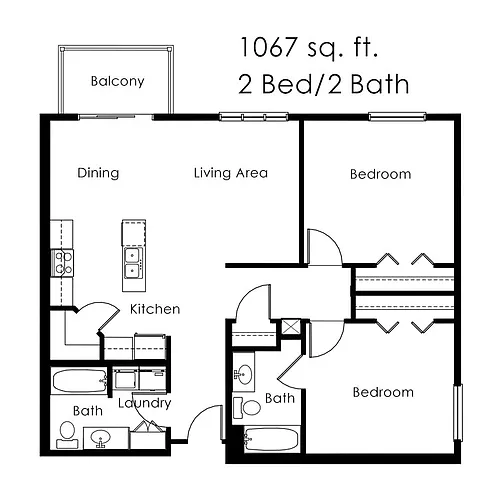 Floor plan 2 Bed 2 Bath | 1067 sqft