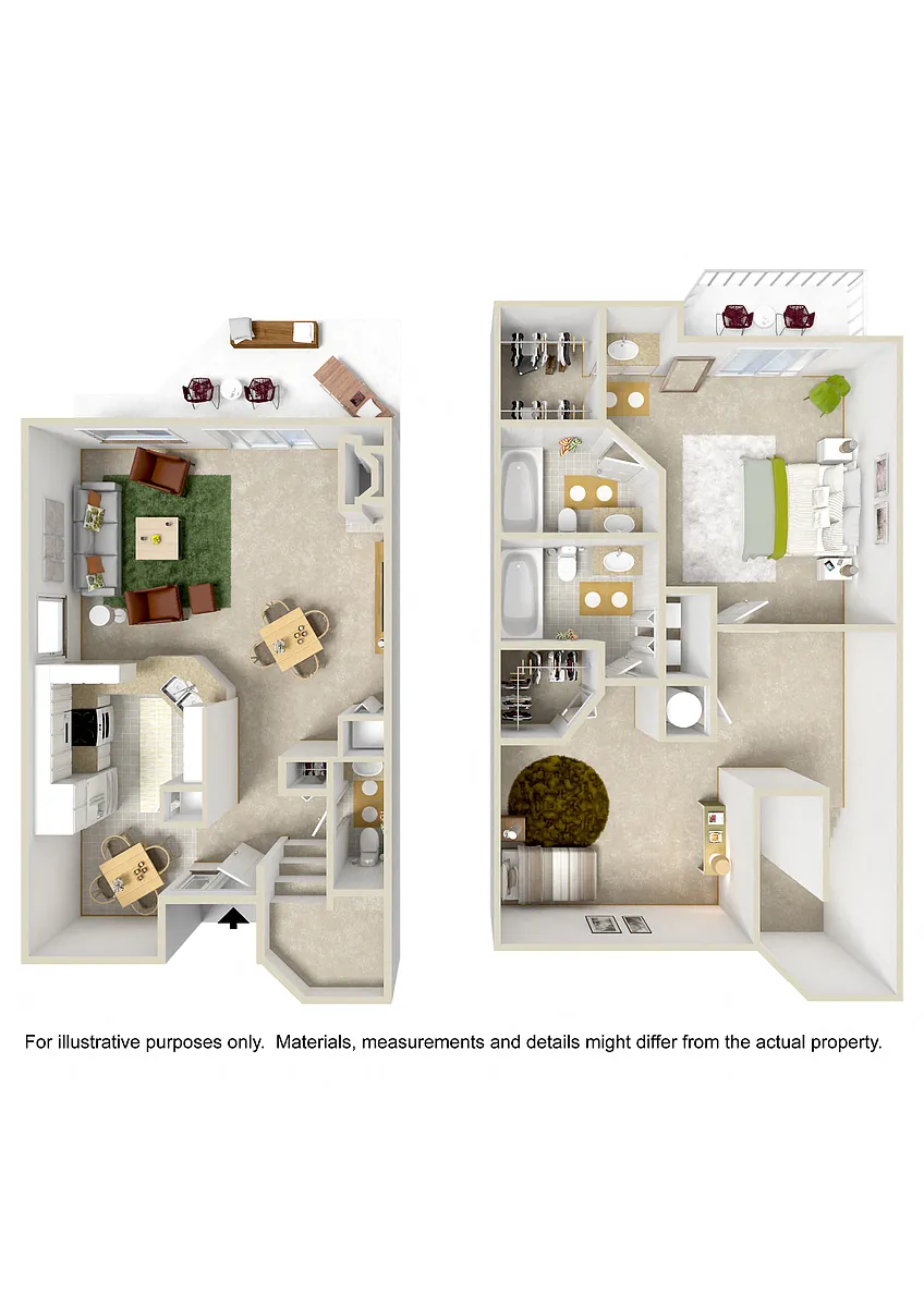 Floor plan 2 Bed 2.5 Bath - 2 Primary Suites