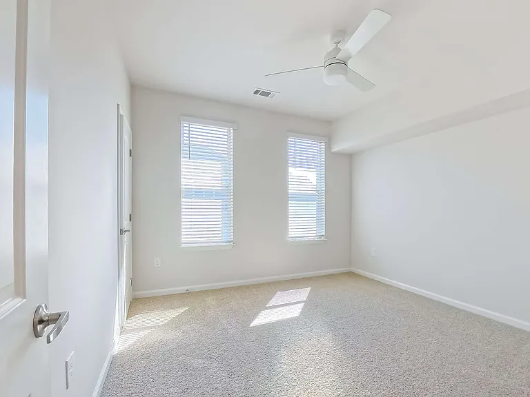 Bright, airy room with plush carpet, two large windows inviting natural light, and a ceiling fan for comfort.