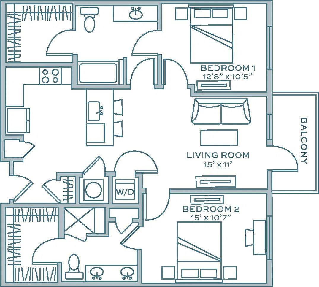 Floor plan Two Bedroom Two Bath (1075 SF)
