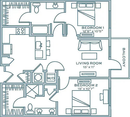 Floor plan Two Bedroom Two Bath (1075 SF)