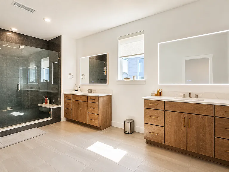 Master Bath with Walk-In Shower and Custom LED-Lit Framed Vanity Mirrors
