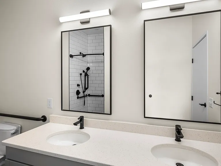 Modern bathroom design featuring double sinks with sleek black fixtures and a stylish shower reflected in the large mirrors. Modern bathroom design featuring double sinks with sleek black fixtures and a stylish shower reflected in the large mirrors.