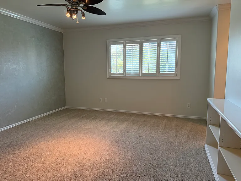 Primary Bedroom, shutters, carpet, built in cabinets.