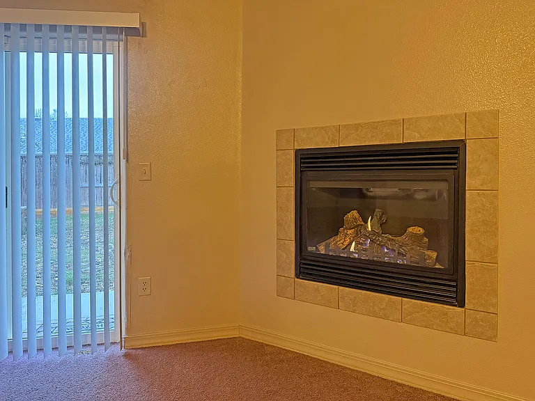 Cozy Fireplace next to patio door