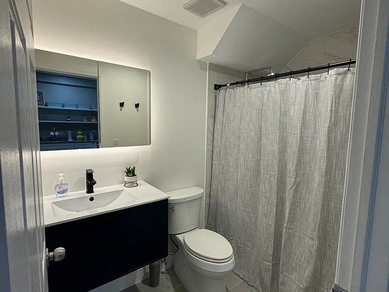 Modern full bath w/ both a rain showerhead & a hand shower.