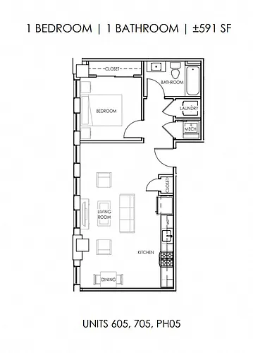 Floor plan One Bedroom One Bath City View