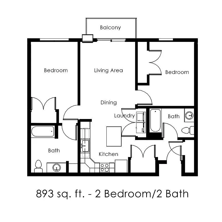 Floor plan 2 Bed 2 Bath | 893 sqft