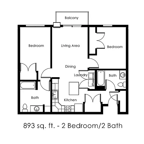Floor plan 2 Bed 2 Bath | 893 sqft