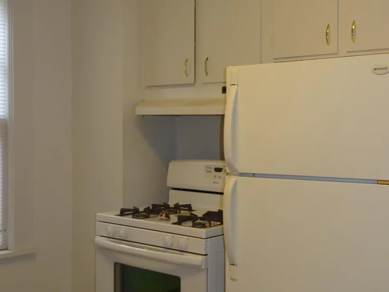 Gas stove, fridge area.