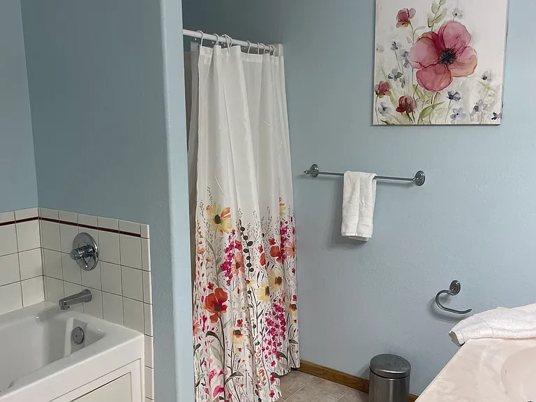 Walk-in shower and soaking tub, double vanity.