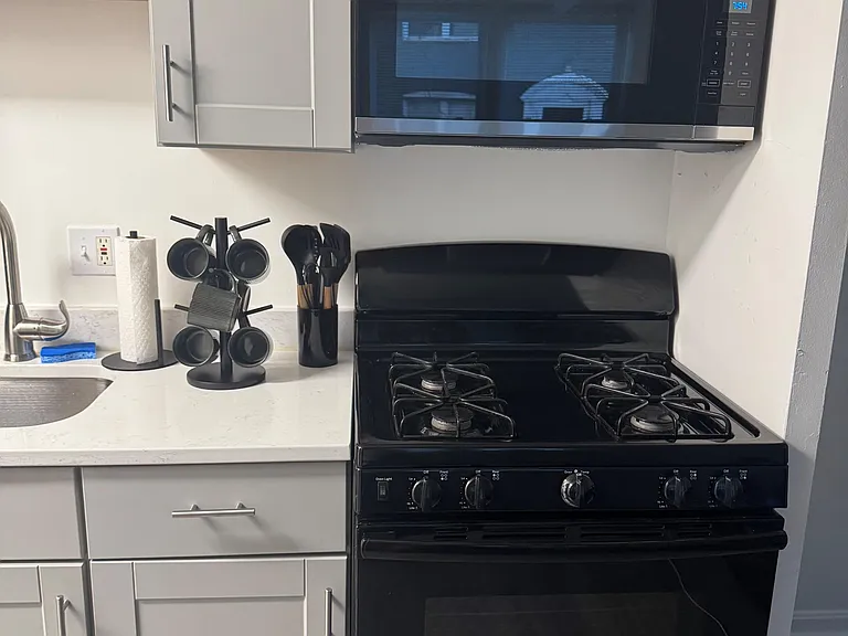 Updated kitchen features shaker-style cabinetry, ample counter space, and a gas range with over-the-range microwave.