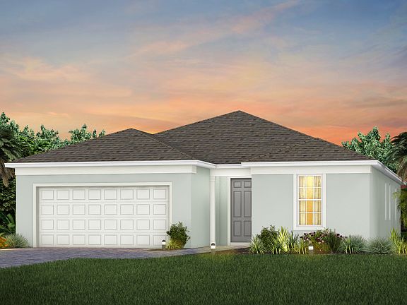 The Mystique, a one-story single family home with a 2 car garage, shown as home exterior FM1