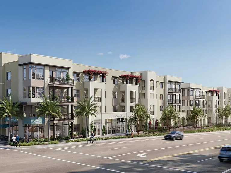Street-level retail and modern residences come together at Modera Melrose along a palm-lined boulevard.