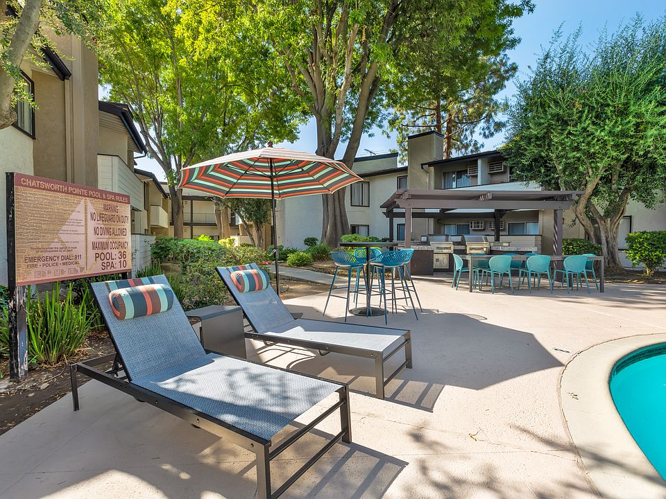 Chatsworth Pointe's spacious pool deck with chairs and umbrellas.