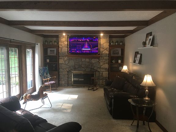 Stone fireplace. Wood beams.