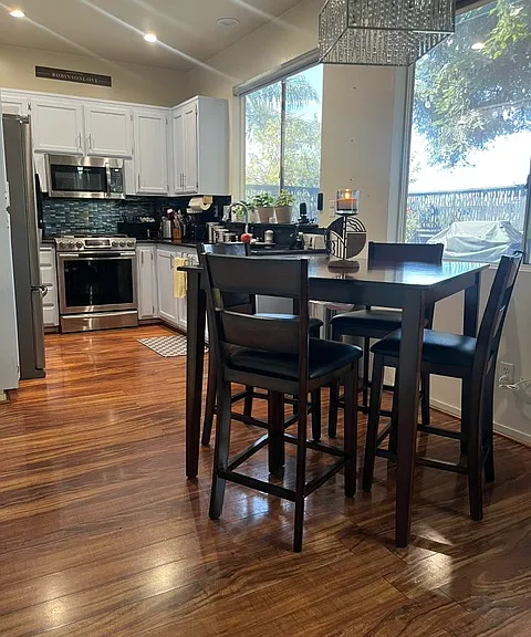 The dining room and table.