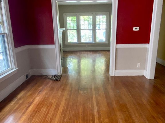 Hardwood in dining and living areas.