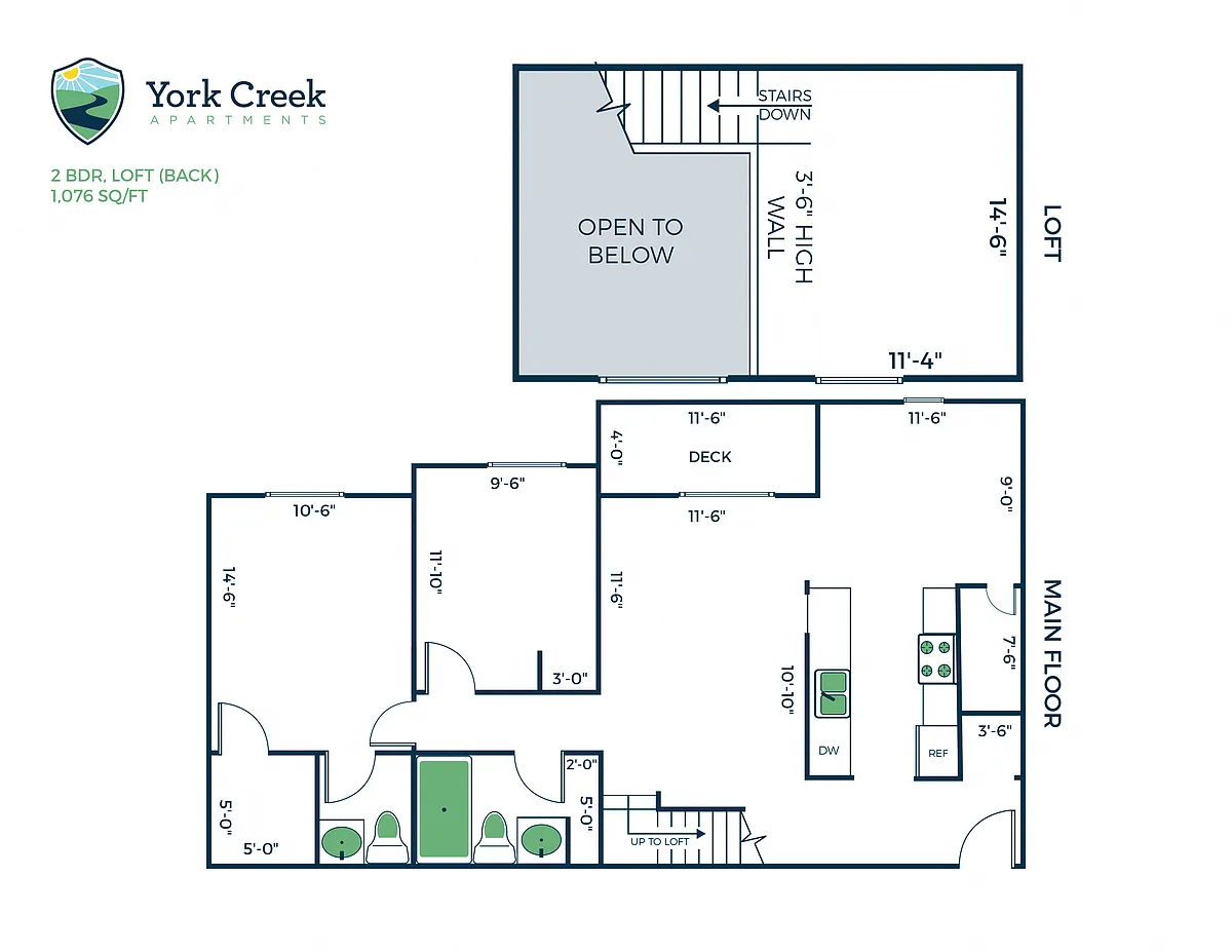 Floor plan 2 Bed, 1 Bath Loft - 1,076 sq ft