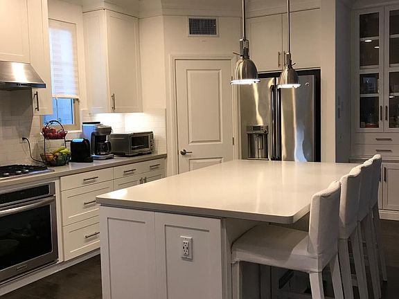 Kitchen: RH pendants, GE fridge
