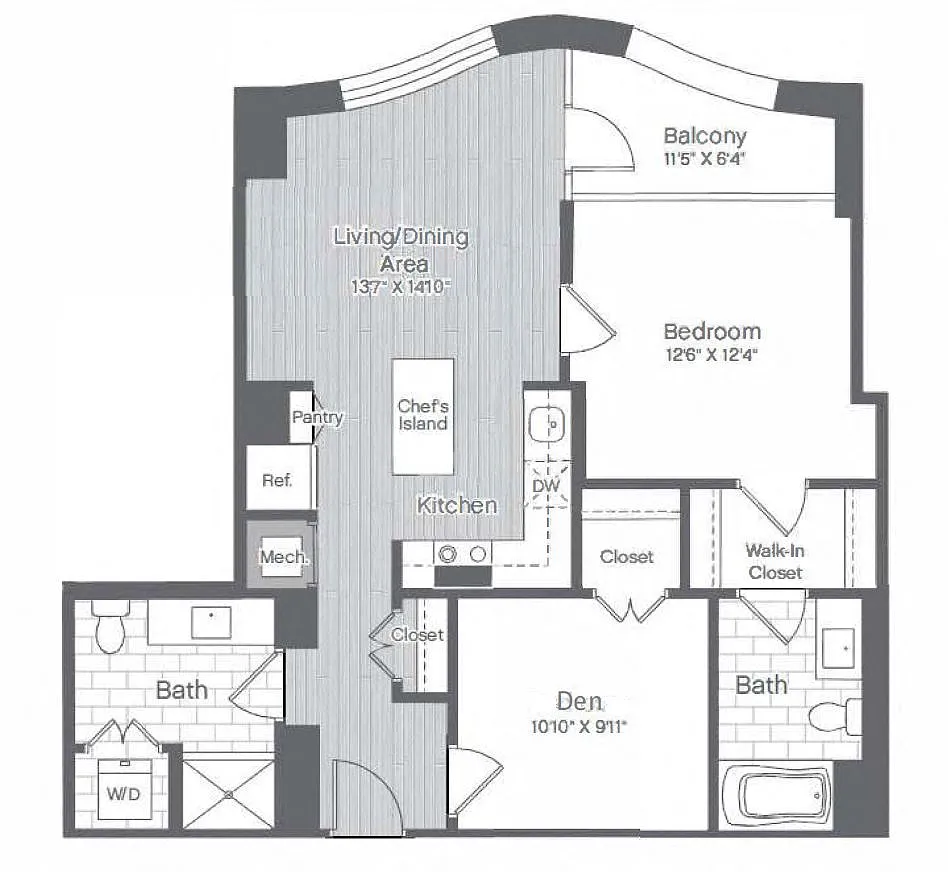 Floor plan 1 Bed/2 Bath Den-B1A