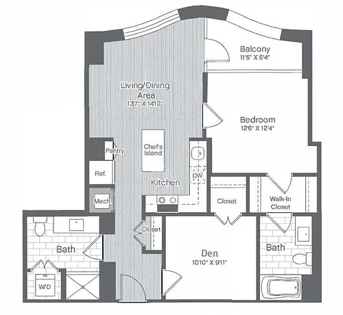 Floor plan 1 Bed/2 Bath Den-B1A