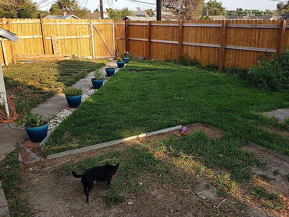 Fenced in backyard with sod