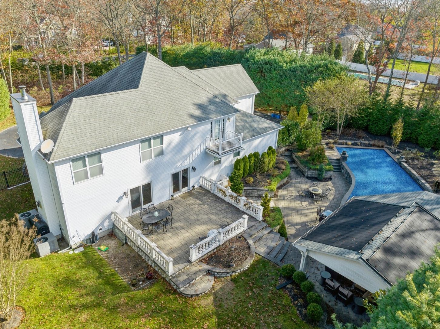  Aerial View. Large Patio, Heated Custom Gunite Pool & Cabana. 