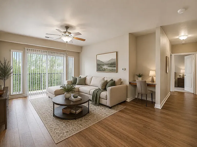 Spacious living room with luxury vinyl flooring.