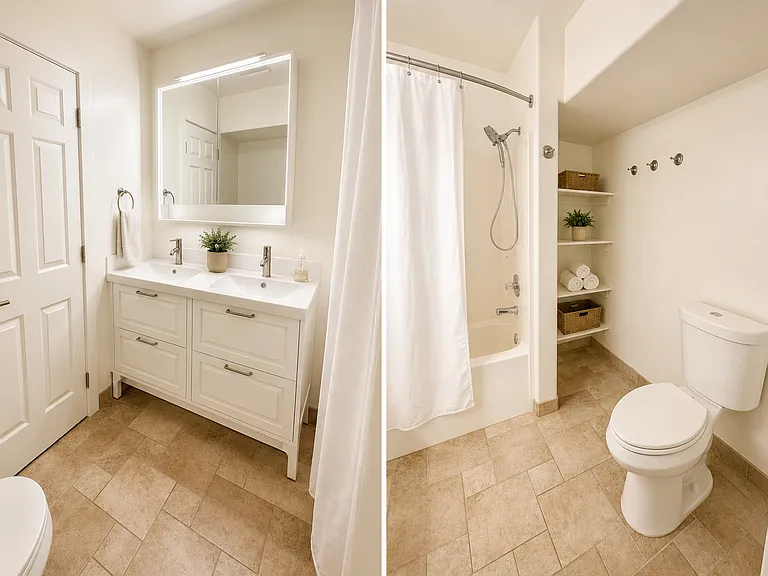 A spacious full bath complete with a double vanity and a tub-shower combination.