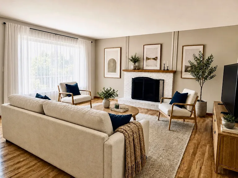 Spacious living room offers an electric fireplace, beautiful natural light