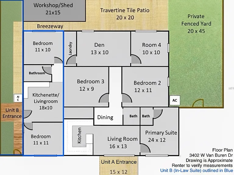 "Unit B" with a private courtyard is outlined in BLUE to the left side of the home.