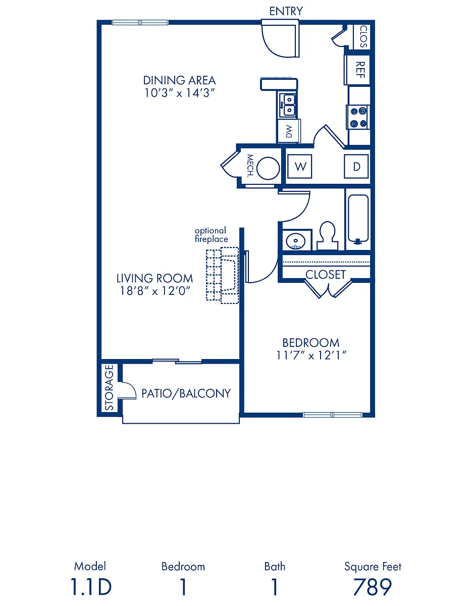 Floor plan 1BR 1BA 789 sqft