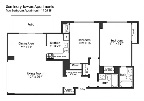 Floor plan 2BR 2BA (1105sf)