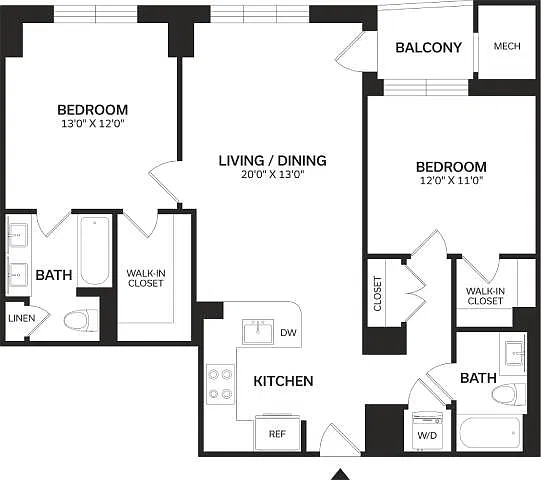 Floor plan 2 Bed/2 Bath-B1-Renovated