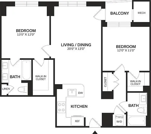 Floor plan 2 Bed/2 Bath-B1-Renovated