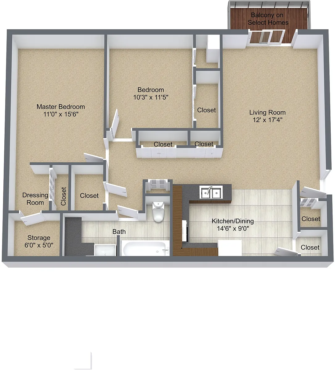 Floor plan Two Bedroom Balcony