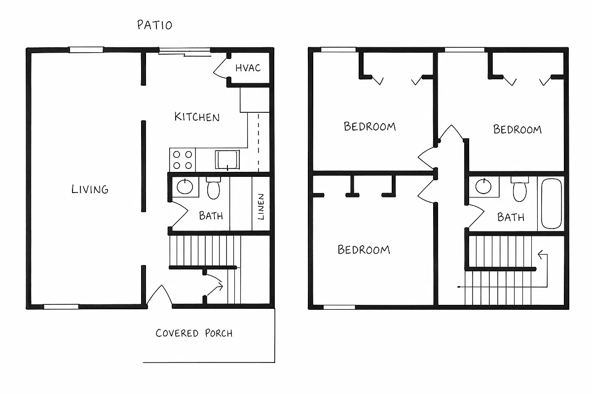 Floor plan Three Bedroom 1.5 Bath Townhome