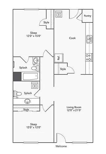 Floor plan 2 BR x 1.5 BA with Washer/Dryer