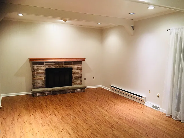 Family room with working gas fireplace.